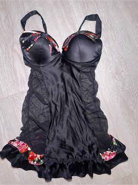 Victoria's Secret Black Satin Chemise with Floral Trim 34C